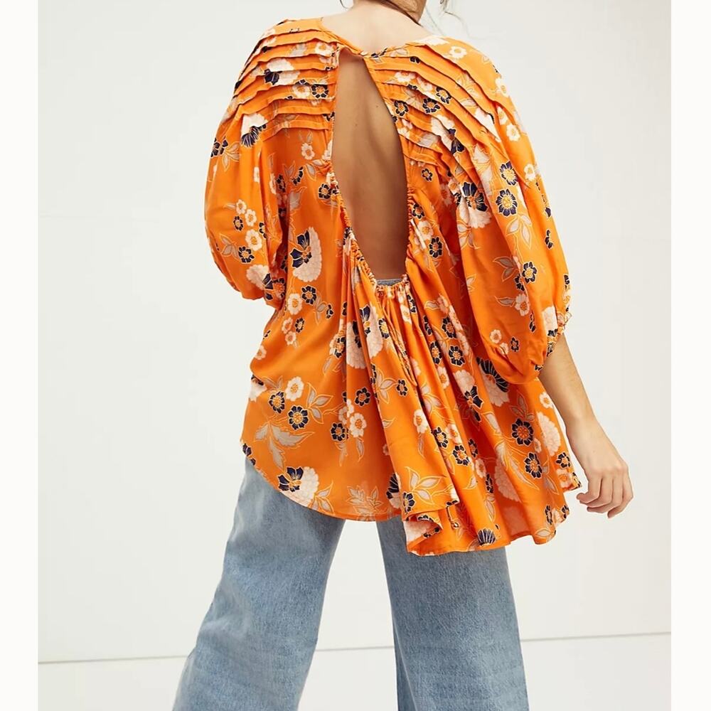 Free People Edie Oversized Orange Floral Open Back Hi Lo Boho Tunic Blouse XS